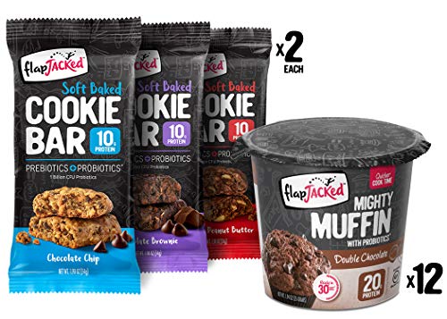 FlapJacked Double Chocolate Mighty Muffin 12 Pack + 6 Soft-Baked Cookie Bars | High Protein + Probiotics | Gluten-Free