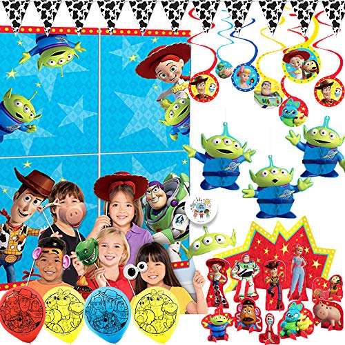 Toy Story 4 Birthday Party Supplies and Decorations Pack With Toy Story Scene Setter, Photo Props, Balloons, Swirls, Honey Comb Deco, Cowboy Cow Print Pennant, Table Decorating Kit, and Exclusive Pin