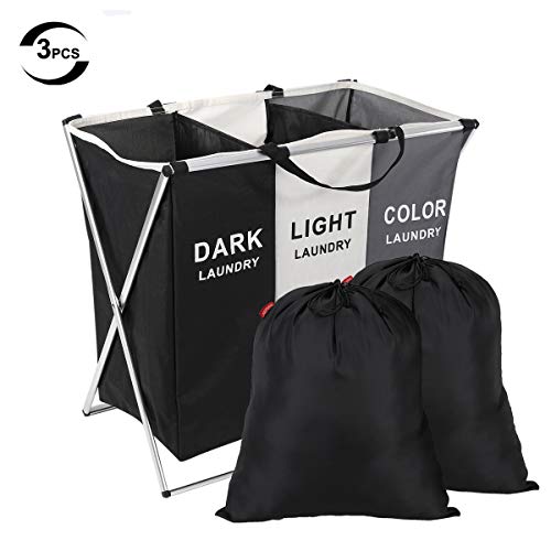 SunGlobal Laundry Basket 3 Sections Laundry Hamper Sorter 26" x 24" x 15" with Foldable Aluminum Frame Multicolor Laundry Sorter and 2PCS 18" x 22" Black Laundry Bags