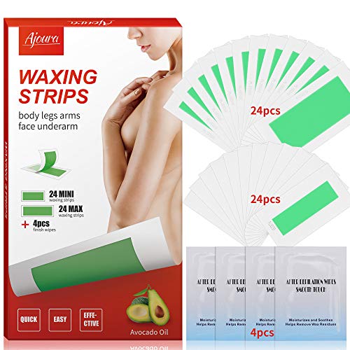 Wax Strips, Ajoura Hair Removal Strips for Face Leg Eyebrow Bikini Brazilian Underarm Women men, Waxing Strips with 48 Count Double Size Cold Wax Strips & 4 Post Care Wipes