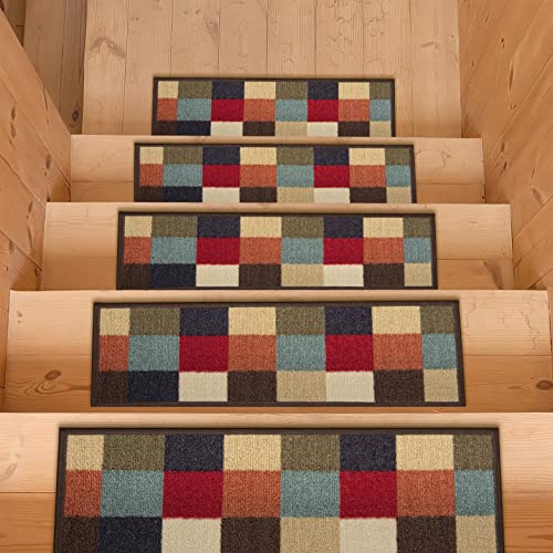 Machine Washable Checkered Design Non-Slip Rubberback 8.5" x 26" Traditional Stair Treads for Wooden Stairs, 14 Pack, Multicolor