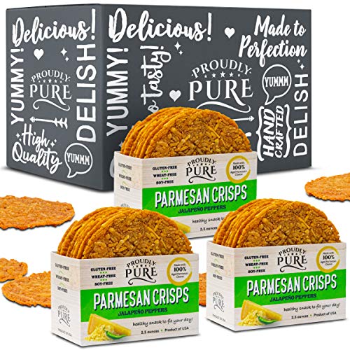 Book Cover Proudly Pure Parmesan Cheese Crisps - Keto Snacks Zero Carb Crunchy Delicious Healthy 100% Natural Aged Cheesy Parm Chips Wheat, Soy & Gluten Free Keto Crackers Low Carb Snacks (JalapeÃ±o, 3 Pack)