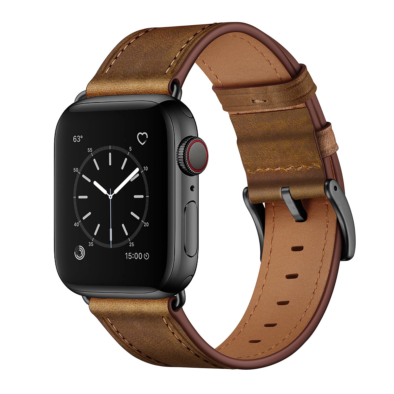 OUHENG Compatible with Apple Watch Band 41mm 40mm 38mm, Genuine Leather Band Replacement Strap Compatible with Apple Watch Series 8/7/6/5/4/3/2/1/SE2/SE, Retro Dark Brown Band with Black Adapter Retro Dark Brown/Black 41mm/40mm/38mm