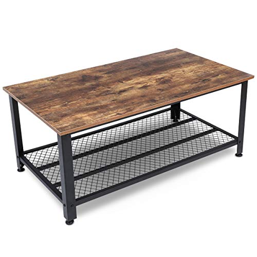 Book Cover KINGSO Industrial Coffee Table with Storage Shelf for Living Room, Wood Look Accent Furniture with Metal Frame, Large Storage Space, Easy Assembly, Rustic Brown