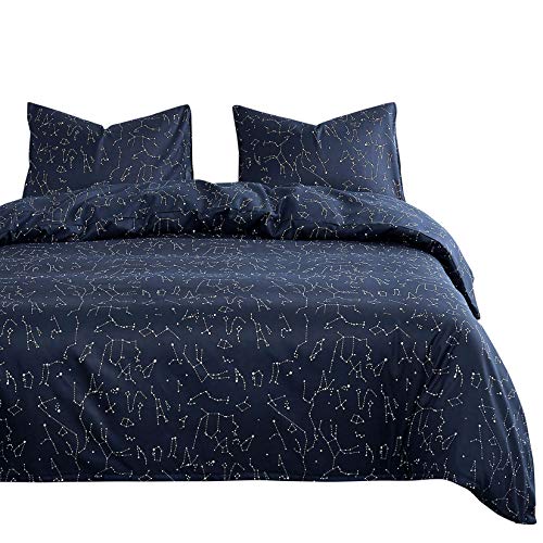 Book Cover Wake In Cloud - Constellation Duvet Cover Set, White Space Stars Pattern Printed Navy Blue, Soft Microfiber Bedding with Zipper Closure (3pcs, Queen Size)