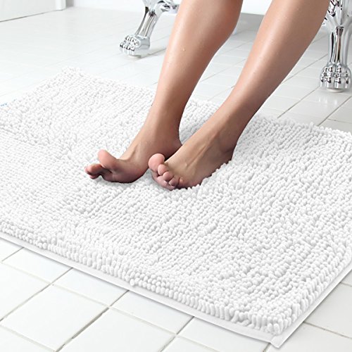 Book Cover ITSOFT Non Slip Shaggy Chenille Soft Microfibers Bath Mat for Bathroom Rug Water Absorbent Carpet, 34 x 21 Inches White