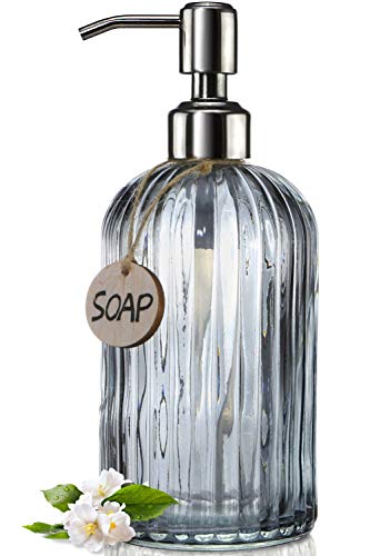 JASAI 18 Oz Vertical Striped Kitchen Soap Dispenser with 304 Rust Proof Stainless Steel Pump, Refillable Liquid Soap Dispenser for Bathroom, Kitchen, Hand Soap, Dish Soap (Clear Grey)