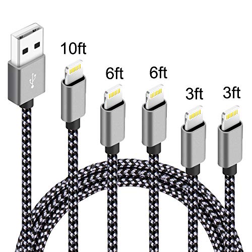 IDiSON 5Pack(3ft 3ft 6ft 6ft 10ft) iPhone Lightning Cable Apple MFi Certified Braided Nylon Fast Charger Cable Compatible iPhone Max XS XR 8 Plus 7 Plus 6s 5s 5c Air iPad Mini iPod (Black Gray)