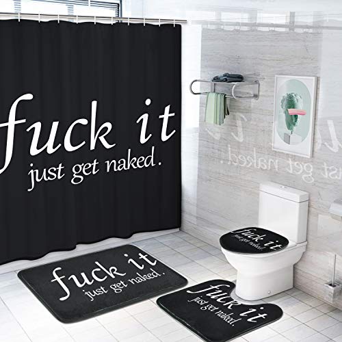 Funny Quotes Shower Curtain Sets with Non-Slip Rugs, Toilet Lid Cover and Bath Mat, Black and White with 12 Hooks, Durable Waterproof Curtain