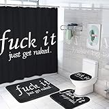 Funny Quotes Shower Curtain Sets with Non-Slip Rugs, Toilet Lid Cover and Bath Mat, Black and White with 12 Hooks, Durable Waterproof Curtain