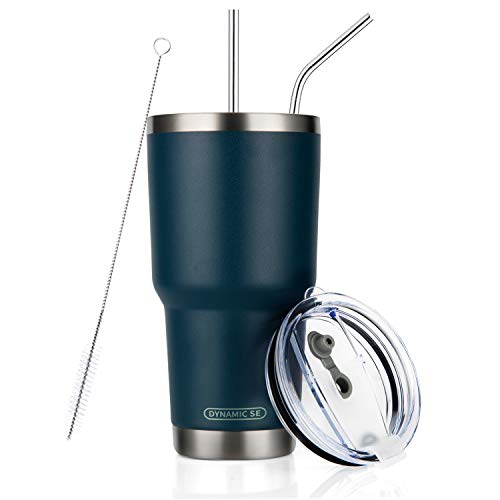 DYNAMIC SE 30oz Navy Tumbler Double Wall Stainless Steel Vacuum Insulated Travel Mug with Splash-Proof Lid Metal Straw and Brush