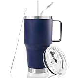 DYNAMIC SE 30 oz Tumbler With Handle, Double Wall Stainless Steel Vacuum Insulated Travel Mug with Splash-Proof Lid Metal Straw and Brush (Navy)