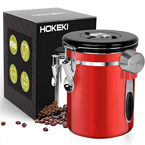 Airtight Coffee Canister, HOKEKI Stainless Steel Container for the Kitchen, Coffee Ground Vault Jar With One Way Co2 Valve And Scoop, Tea Coffee Sugar, Extra Coffee Spoon, 16 oz (Red)