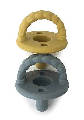Book Cover Itzy Ritzy Sweetie Soother Pacifier Set of 2 - Silicone Newborn Pacifiers with Collapsible Handle & Two Air Holes for Added Safety; Set of 2 in Dark Gray & Yellow, Ages Newborn & Up