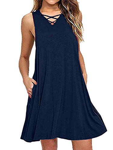 TeTii Casual Sleeveless Swing T-Shirt Dresses with Pockets Summer Floral Printed Beach Cover up Sundress