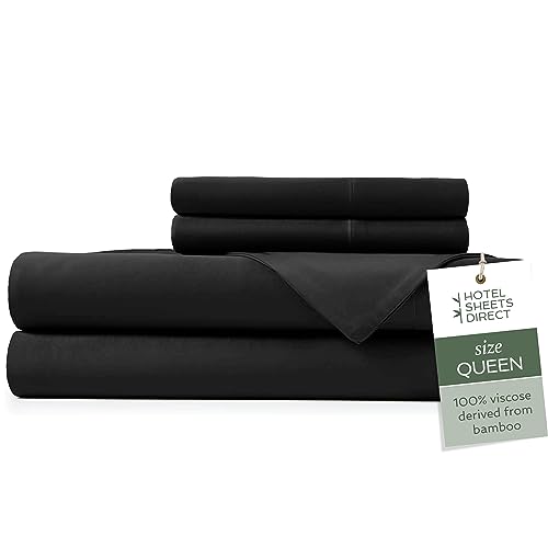 Hotel Sheets Direct 4 Piece Bed Sheet Set Queen Size, 100% Viscose Derived from Bamboo Sheets Set with 2 Pillowcases, Cooling & Breathable Luxury Bedding, Moisture-Wicking & Silky Soft Texture, Black