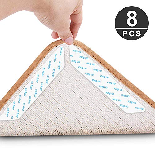 AMAZECO 8 Pack Rug Grippers Carpet Tape Reusable Anti Curling Anti Slip Rug Gripper for Hardwood Floors Office Bathroom Kitchen White Color