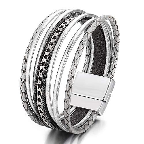 FINETOO Multilayer Leather Wrap Bracelet Handmade Braided Chain Cuff Bangle Alloy Magnet Buckle Bracelets for Women Girls Birthday Gift