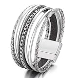 FINETOO Multilayer Leather Wrap Bracelet Handmade Braided Chain Cuff Bangle Alloy Magnet Buckle Bracelets for Women Girls Birthday Gift