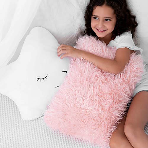 Set of 2 Decorative Pillows for Girls, Toddler Kids Room. Star Pillow Fluffy White Embroidered and Furry Pink Faux Fur Pillow. Soft and Plush Girls Pillows â€“ Throw Pillows for Kidâ€™s Bedroom DÃ©cor