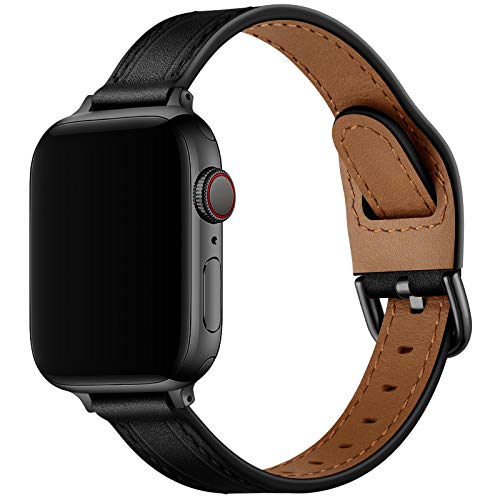 Book Cover OUHENG Compatible with Apple Watch Band 38mm 40mm, Genuine Leather Band Replacement Strap Compatible with Apple Watch Series 6/5/4/3/2/1/SE 40mm 38mm, Black Band with Black Adapter