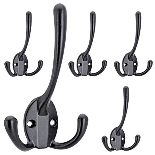 APBFH 5 Pcs Outdoor Indoor Metal Small Wall Hanging Towels Coats Robes Clothes Backpacks Hooks with Three Prongs, Black