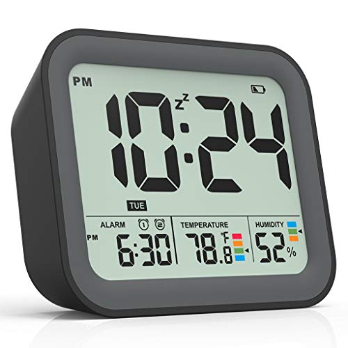 Book Cover Battery Operated Alarm Clock, Small Simple Travel Alarm Clock with Indoor Thermometer & Digital Hygrometer, Loud Dual Alarm Clock for Bedrooms, Bedside, Desk, Teens, Kids - Black