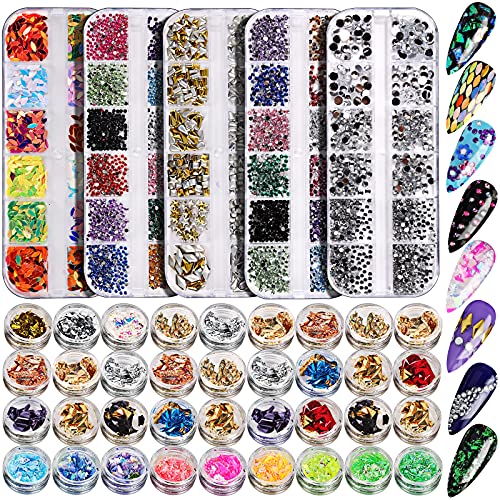 Nail Foil,Nails Rhinestones, Nail Flakes, Teenitor Professional Nail Decoration with Gems for Nails Stud Foil Glitters for Nails Art