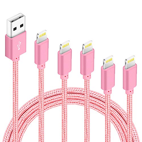 Book Cover 5Pack(3ft 3ft 6ft 6ft 10ft) iPhone Lightning Cable Apple Certified Braided Nylon Fast Charger Cable Compatible iPhone Max XS XR 8 Plus 7 Plus 6s 5s 5c Air iPad Mini iPod (Rose)
