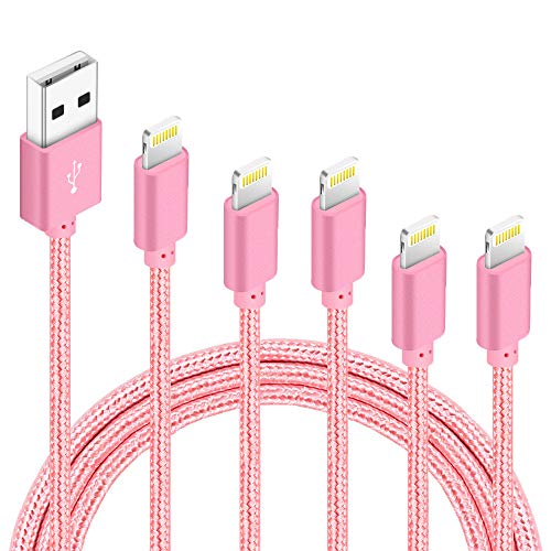 5Pack(3ft 3ft 6ft 6ft 10ft) iPhone Lightning Cable Apple Certified Braided Nylon Fast Charger Cable Compatible iPhone Max XS XR 8 Plus 7 Plus 6s 5s 5c Air iPad Mini iPod (Rose)