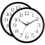 Bernhard Products Black Wall Clocks 2 Pack Silent Non Ticking - 12 Inch Quality Quartz Battery Operated Round Easy to Read Home/Office/Classroom/Business/Kitchen/School Clock
