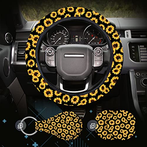 4 Pieces Sunflower Steering Wheel Cover for Women Girl, Cute Sunflower Car Accessories, Easy to Install Car Steering Wheel Cover Set, Sunflower Car Cup Holder and Key Ring, Sunflower Gifts for Women