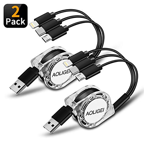 Retractable USB Charger Cable, 3 in 1 Multi Charging Cord Adapter, Micro USB Type C Universal 3 in 1 USB Cord for, X/XS/XR, iPod, Samsung, Moto, BlackBerry, Nokia, LG, Google (2 Pack) (Black)