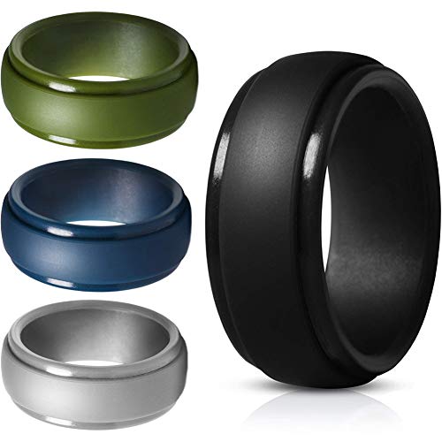 Mens Silicone Wedding Band, Rubber Rings for Him Women Couples Size 10, Step Edge Sleek Design 4 Pack