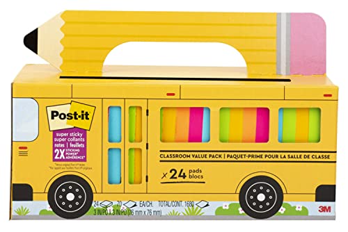 Post-it Super Sticky Notes Value Pack, 24 Pads, Convenient School Bus Carry and Storage Case, 2X The Sticking Power, 3x3 in, Bright Colors (Orange, Pink, Blue, Green, Yellow), Recyclable (654-24SSBUS)