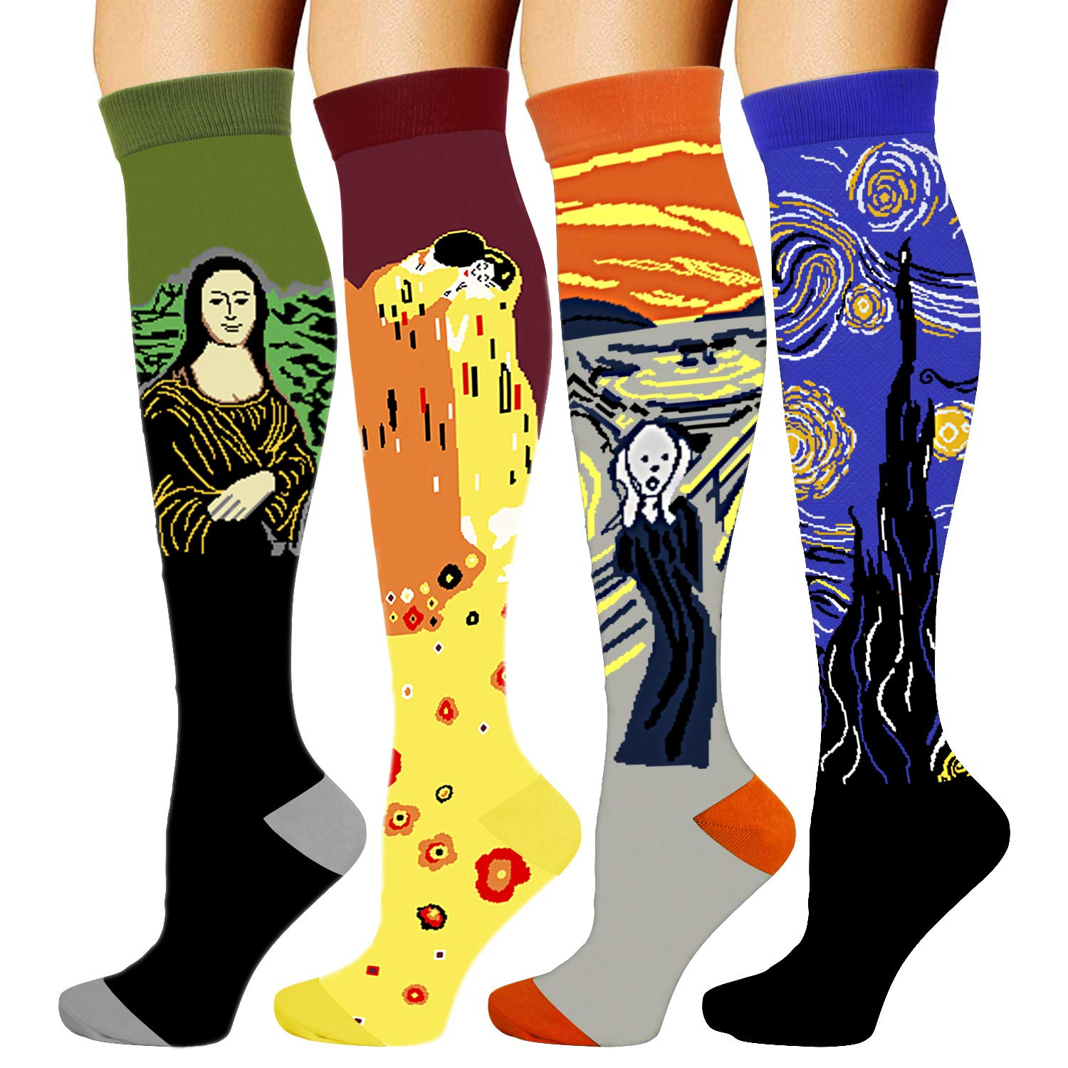 4 Pairs Compression Socks for Men and Women 20-30 mmHg Compression Stockings Famous Painting Small/Medium (4 Pair)