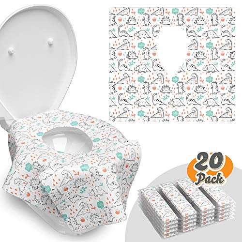 Toilet Seat Covers Disposable - 20 Pack - Waterproof, Ideal for Adults and Kids - Extra Large, Individually Wrapped for Travel, Toddlers Potty Training in Public Restrooms (Dinosaurs, 20)