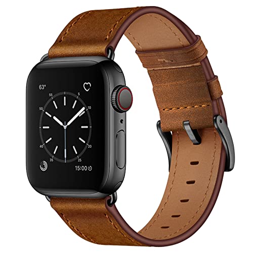 OUHENG Compatible with Apple Watch Band 49mm 45mm 44mm 42mm, Genuine Leather Band Replacement Compatible with Apple Watch Ultra Series 8/7/6/5/4/3/2/1/SE2/SE, Retro Brown Band with Black Adapter