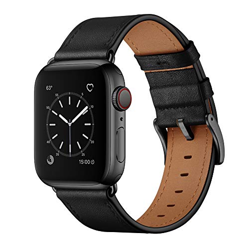 Book Cover OUHENG Compatible with Apple Watch Band 42mm 44mm, Genuine Leather Band Replacement Strap Compatible with Apple Watch Series 4 Series 3 Series 2 Series 1 44mm 42mm Sport Edition, Black