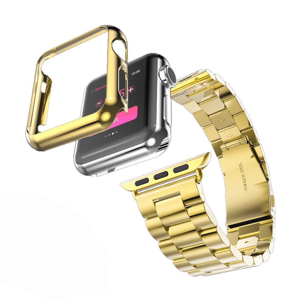 HUANLONG Compatible with Apple Watch Band Series 1/2/3/4, Stainless Steel Strap Band w/Adapter+Case Cover Compatible for iWatch 38/40/42/44mm