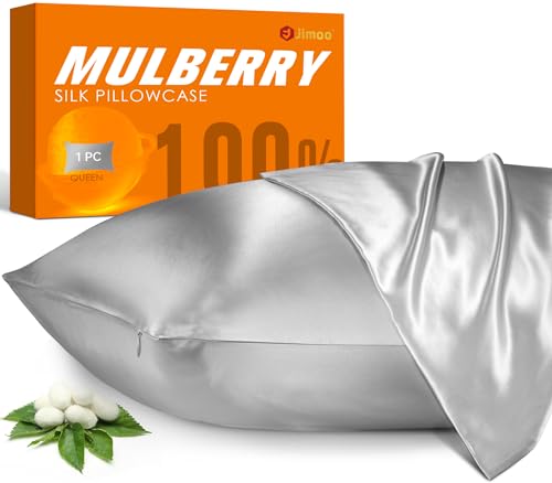 J JIMOO Natural Silk Pillowcase,for Hair and Skin with Hidden Zipper, 22 Momme 600 Thread Count 100% Mulberry Silk (Queen 20×30 inch, Silver Grey, 1 Piece)