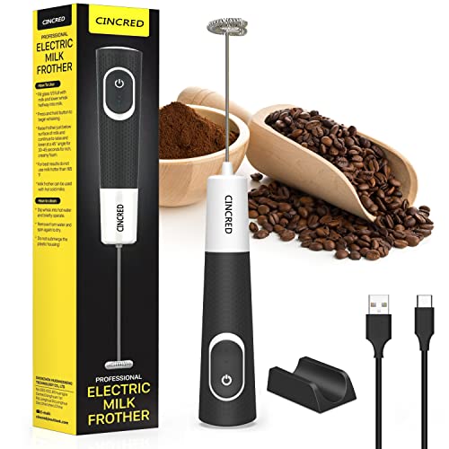 UPDATED 2022 CINCRED Milk Frother Handheld, Rechargeable Operated Frother for Coffee, Frother Whisk, Mini Blender and Electric Mixer Coffee Frother for Frappe, Latte, Matcha, Included Stand