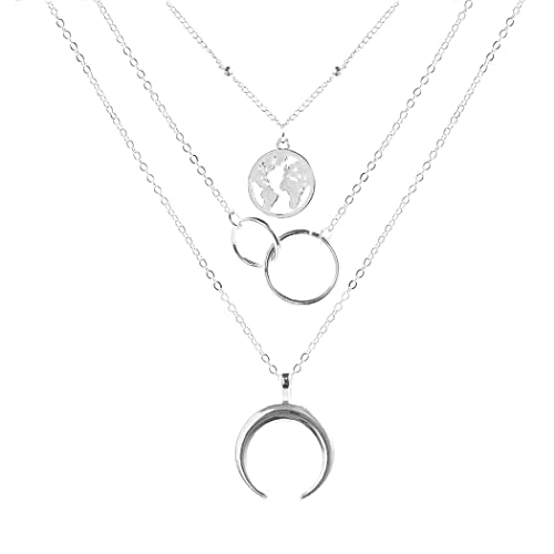 Edary Boho Layered Necklace Moon Necklaces Map Pendant Silver Jewelry for Women and Girls(Silver)