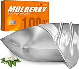 100% Mulberry Silk Pillowcase for Hair and Skin, 22 Momme Pure Natural Silk Pillow Case Both Sided with Zipper, Pillow Cover for Women Mom Men(Silver Grey, Queen 20''×30'', 1 Pack)