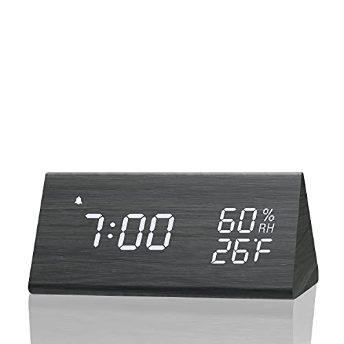 Digital Alarm Clock, with Wooden Electronic LED Time Display, 3 Alarm Settings, Humidity & Temperature Detect, Wood Made Electric Clocks for Bedroom, Bedsideâ€¦ (Black)