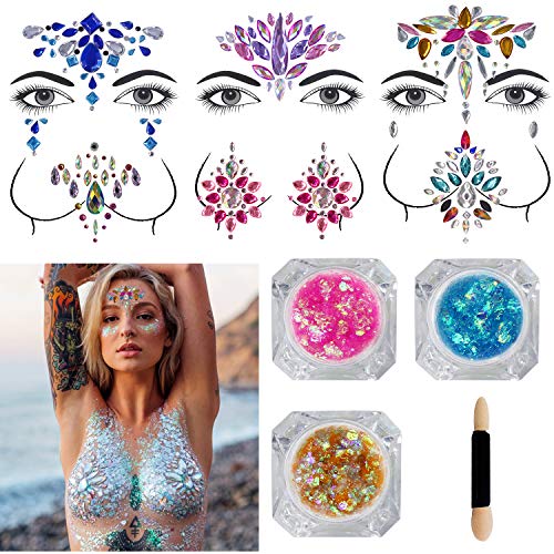 Festival Face Jewels - 6 Sets Women Mermaid Face Gems Glitter Breast Nipple Body Jewelry Stickers with 3 Boxes Chunky Face Glitter Eyes Face Body Temporary Tattoos