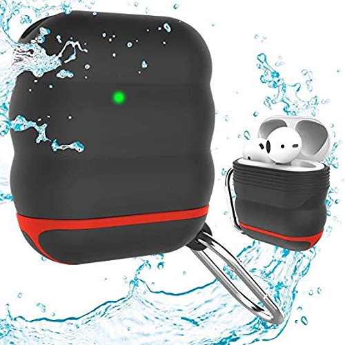 FONY Apple Airpods Case Cover Accessories Kits for AirPods 2 & 1 Charging Case - Waterproof Shock Resistant Protective Silicone Cover Skin with Carabiner (Red-Black)