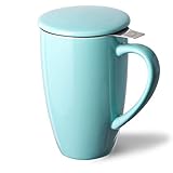 Sweejar Porcelain Tea Infuser Mug with Lid, 16 oz Teacup with Strainers for Loose Leaf Tea, Microwave and Dishwasher Safe Coffee Mug(Turquoise)