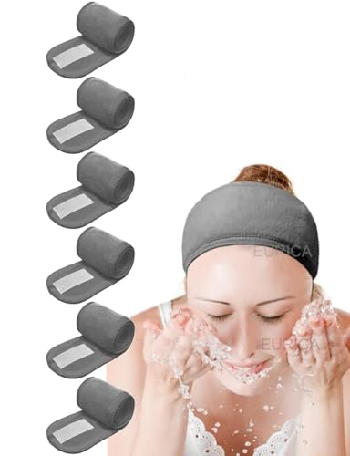Spa Headband Hair Wrap EURICA Sweat Headband Head Wrap Hair Towel Wrap Non-slip Stretchable Washable Makeup Headband for Face Wash Facial Treatment Sport Pack of 6 Fits All Gray