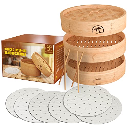 Book Cover DEALZNDEALZ 3-Piece Bamboo Steamer Basket with Lid 10-inch 2-Tier, 50 Perforated Bamboo Steamer Liners with 2-Pairs of Bamboo Chopsticks